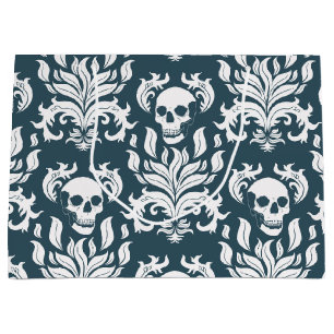 Skull Flame Damask in crisp white on slaty blue Large Gift Bag
