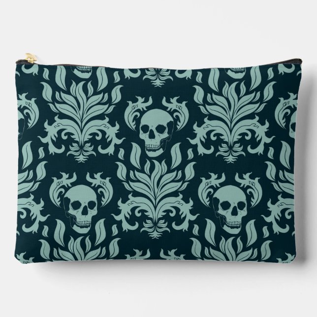 Skull Flame Damask in mint green on deep blue Accessory Pouch (Front)