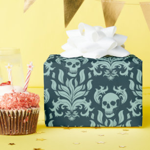 Skull Flame Damask in mint green on deep blue Wrapping Paper