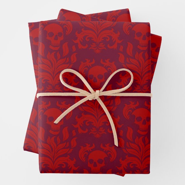 Skull Flame Damask in moody red on red Wrapping Paper Sheet (In situ)