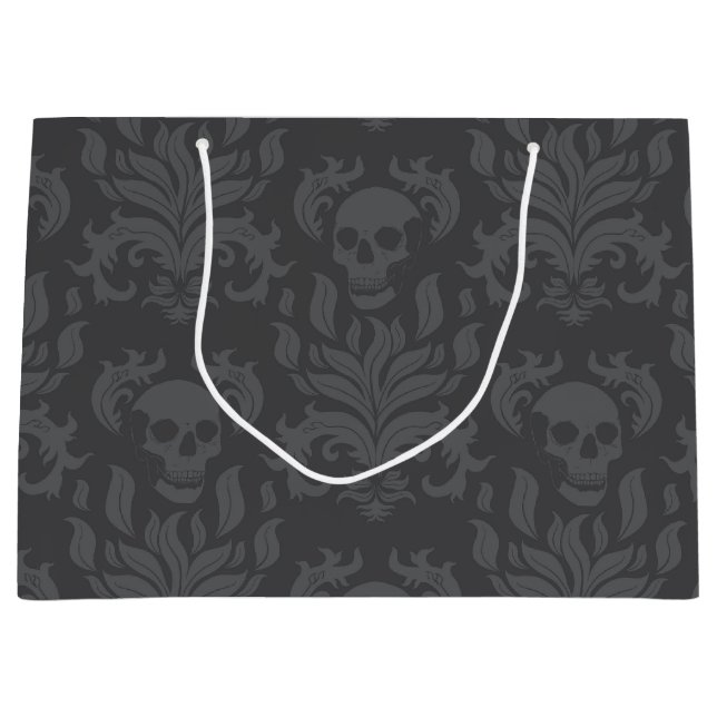 Skull Flame Damask in moody shades of grey Large Gift Bag (Front)
