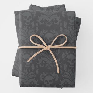 Skull Flame Damask in moody shades of grey Wrapping Paper Sheet