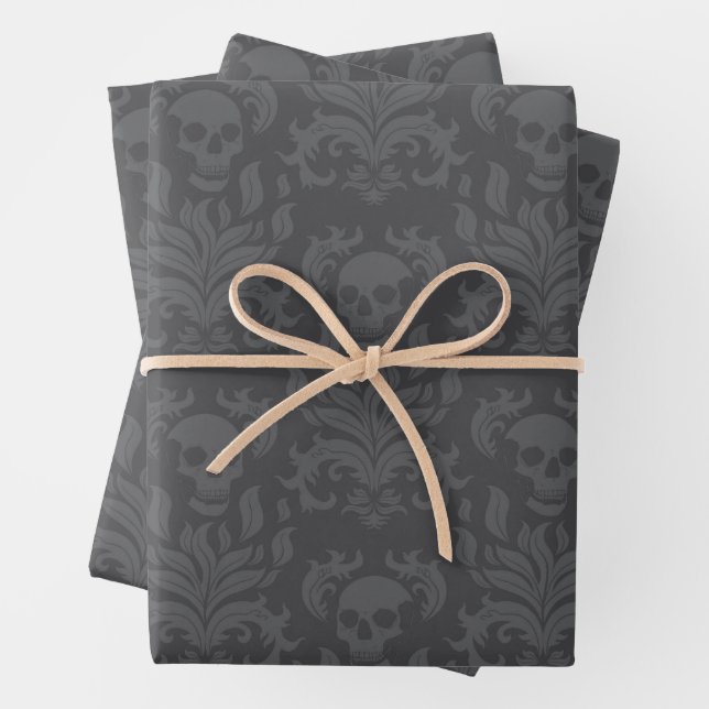 Skull Flame Damask in moody shades of grey Wrapping Paper Sheet (In situ)