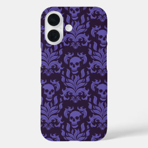 Skull Flame Damask in moody shades of purple iPhone 16 Case