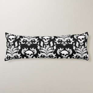 Skull Flame Damask in stark white on black Body Pillow