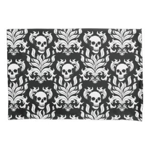 Skull Flame Damask in stark white on black Pillowcase