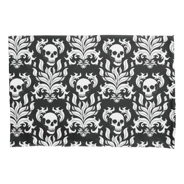 Skull Flame Damask in stark white on black Pillowcase (Front-Left)