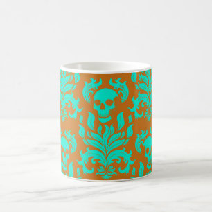 Skull Flame Damask in toxic green on orange Coffee Mug