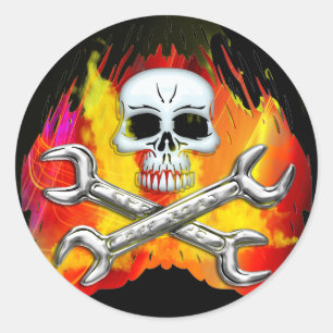 Skull Flames and Crossed Chrome Wrenches Classic Round Sticker
