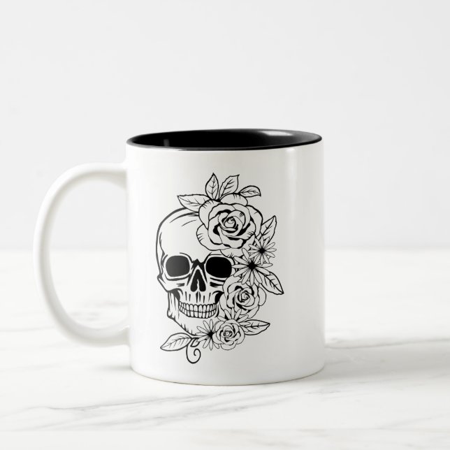 Skull Floral Art Two-Tone Coffee Mug (Left)