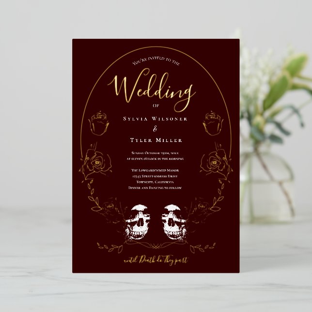Skull Floral Burgundy Gothic Wedding (Standing Front)