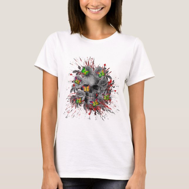 SKULL FLORAL COLORFUL BUTTERFLY T-Shirt (Front)
