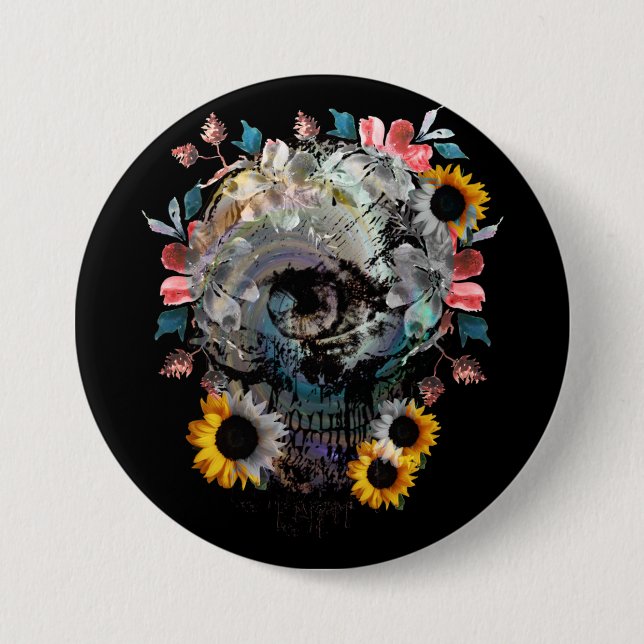 SKULL FLORAL FLOWERS 3 INCH ROUND BUTTON (Front)