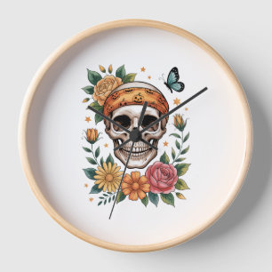 Skull Floral Halloween Spooky Clock