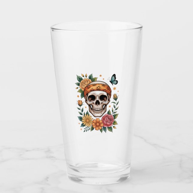 Skull Floral Halloween Spooky Glass (Front)
