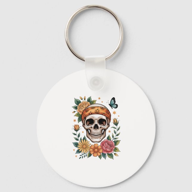 Skull Floral Halloween Spooky Keychain (Front)