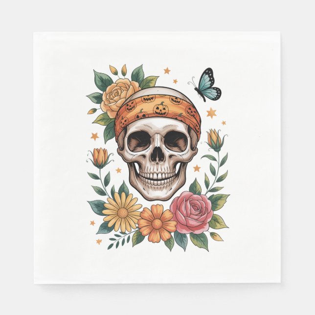 Skull Floral Halloween Spooky Napkin (Front)