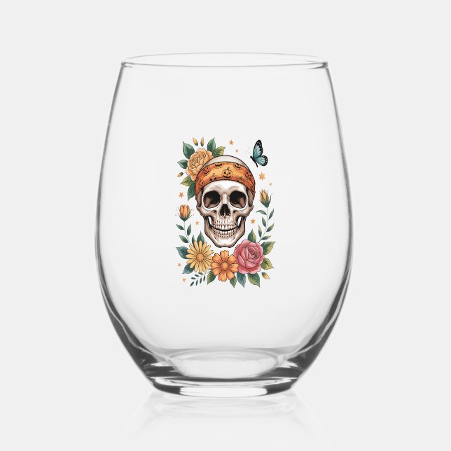 Skull Floral Halloween Spooky Stemless Wine Glass (Front)