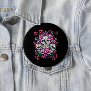 Skull floral, skeleton watercolor pink ,Halloween. 4 Inch Round Button