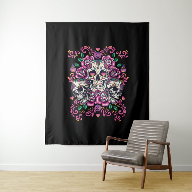 Skull floral, skeleton watercolor pink ,Halloween. Tapestry (In Situ)