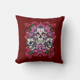 Skull floral, skeleton watercolor pink ,Halloween. Throw Pillow