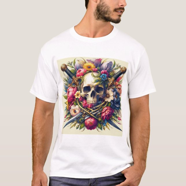 Skull, Flower, and Sword Design  T-Shirt (Front)