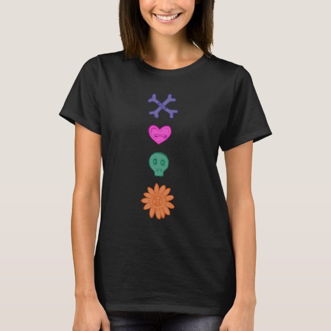 Skull, Flower, Heart, Bones Creepy Buttons T-Shirt (Front)