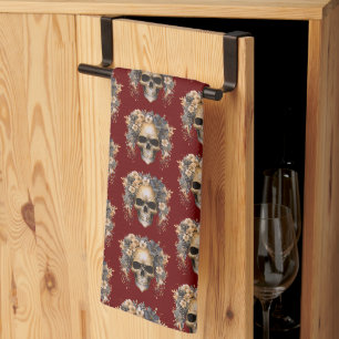 Skull Flowers Burgundy Pattern Halloween Kitchen Towel