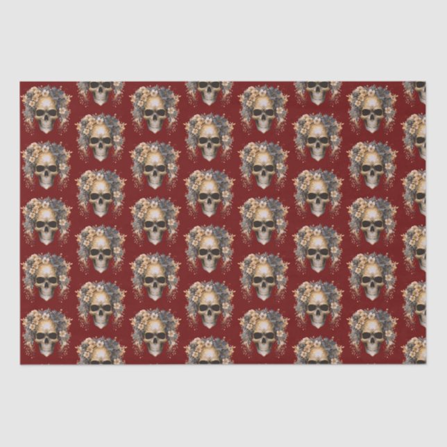 Skull Flowers Burgundy Pattern Halloween Tissue Paper (Front)