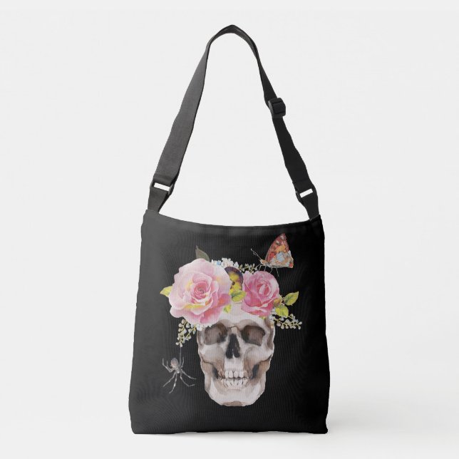 Skull Flowers Butterfly Spider Halloween Gift Crossbody Bag (Front)