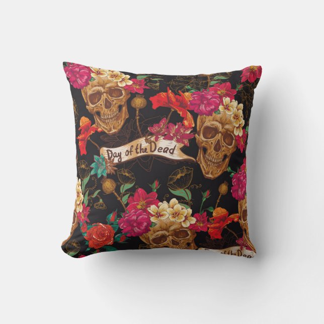 Skull Flowers Day Dead Background Throw Pillow (Front)