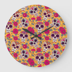 Skull Flowers: Mexican Day Background Large Clock