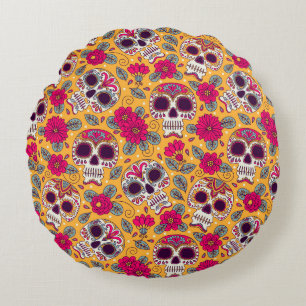 Skull Flowers: Mexican Day Background Round Pillow