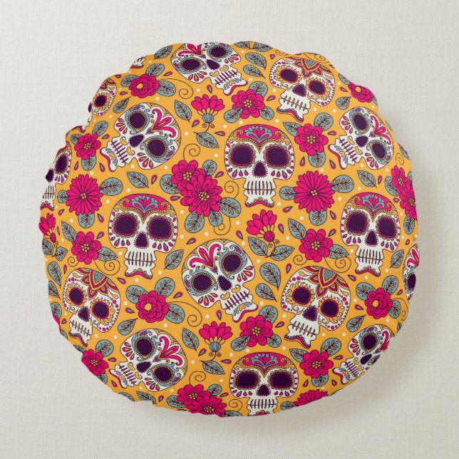 Skull Flowers: Mexican Day Background Round Pillow (Front)