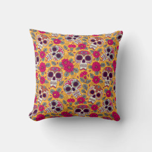 Skull Flowers: Mexican Day Background Throw Pillow