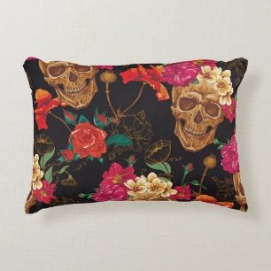 Skull Flowers: Seamless Dark Background. Accent Pillow