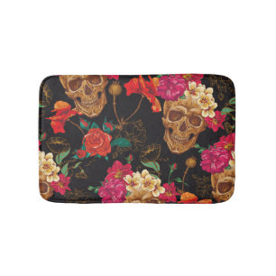 Skull Flowers: Seamless Dark Background. Bath Mat