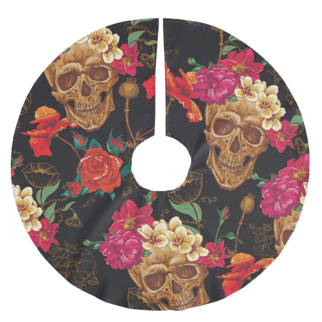 Skull Flowers: Seamless Dark Background. Brushed Polyester Tree Skirt (Front)