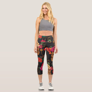 Skull Flowers: Seamless Dark Background. Capri Leggings