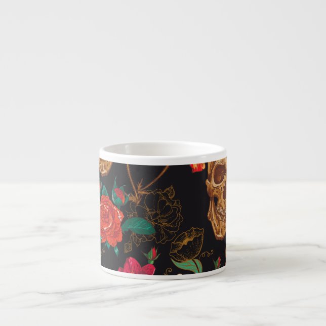 Skull Flowers: Seamless Dark Background. Espresso Cup (Front)
