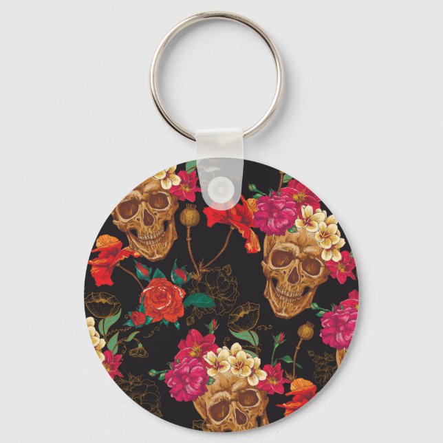 Skull Flowers: Seamless Dark Background. Keychain (Front)