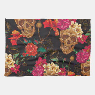 Skull Flowers: Seamless Dark Background. Kitchen Towel