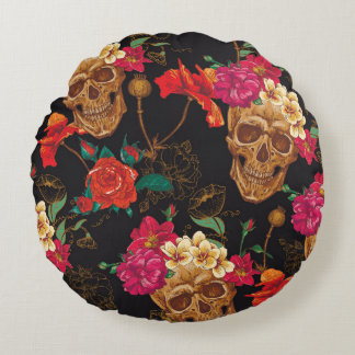 Skull Flowers: Seamless Dark Background. Round Pillow