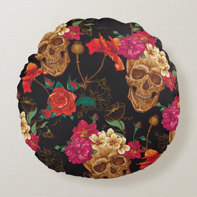 Skull Flowers: Seamless Dark Background. Round Pillow (Front)