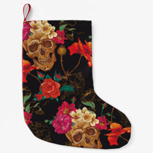 Skull Flowers: Seamless Dark Background. Small Christmas Stocking