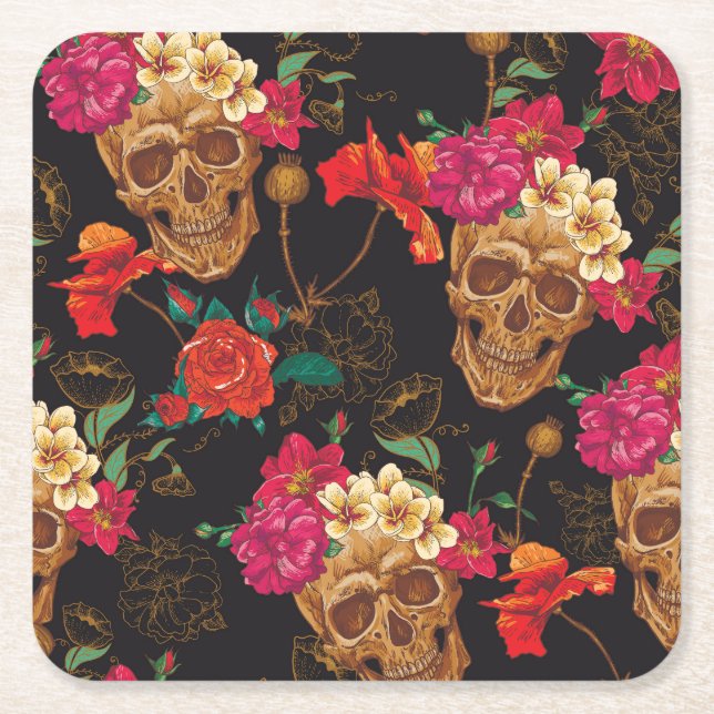 Skull Flowers: Seamless Dark Background. Square Paper Coaster (Front)