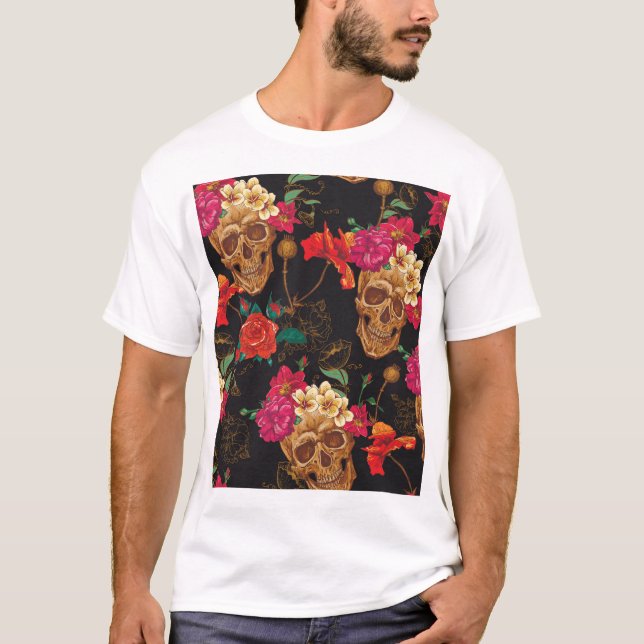Skull Flowers: Seamless Dark Background. T-Shirt (Front)
