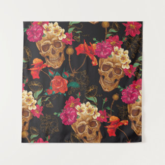 Skull Flowers: Seamless Dark Background. Tapestry