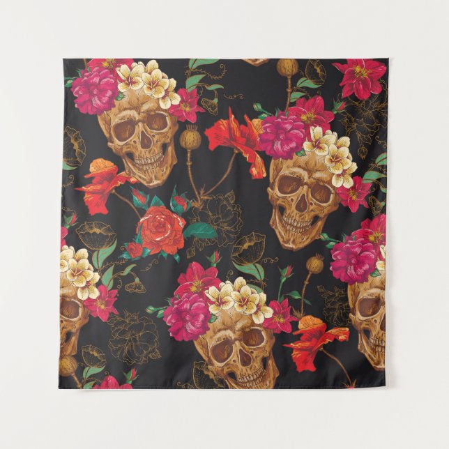 Skull Flowers: Seamless Dark Background. Tapestry (Front)