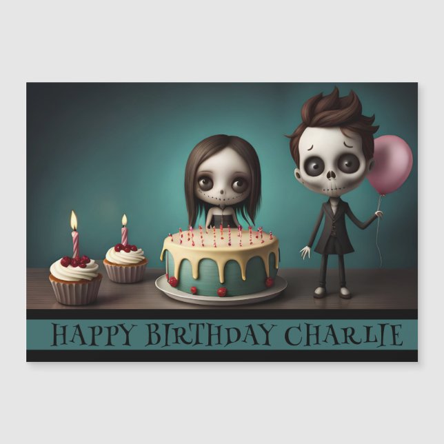 skull friends magnet birthday card cake balloons  (Front)